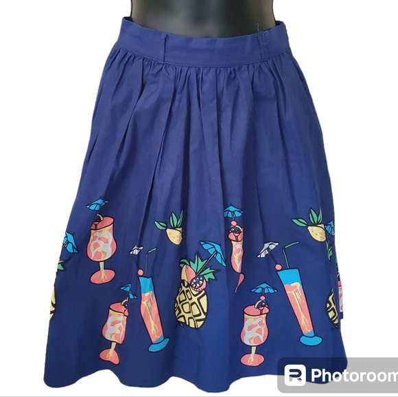 ModCloth Blue tropical Tiki drink Summer  skirt  small - Picture 3 of 6